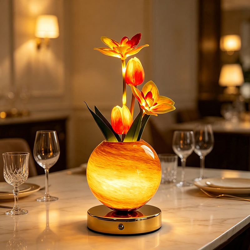 LED Tulip & Cymbidium Planet Vase Table Lamp, Aesthetic Bedroom Night Light, Warm Ambient Decor Lamp Gift | Cianbloom